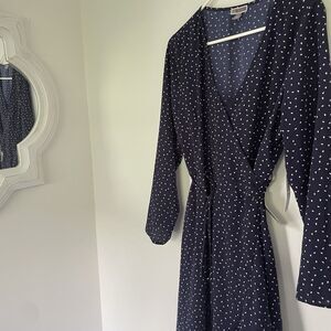 NWT CHELSEA28 Printed XL Wrap Dress Navy Blue White Long Sleeve High Low Boho